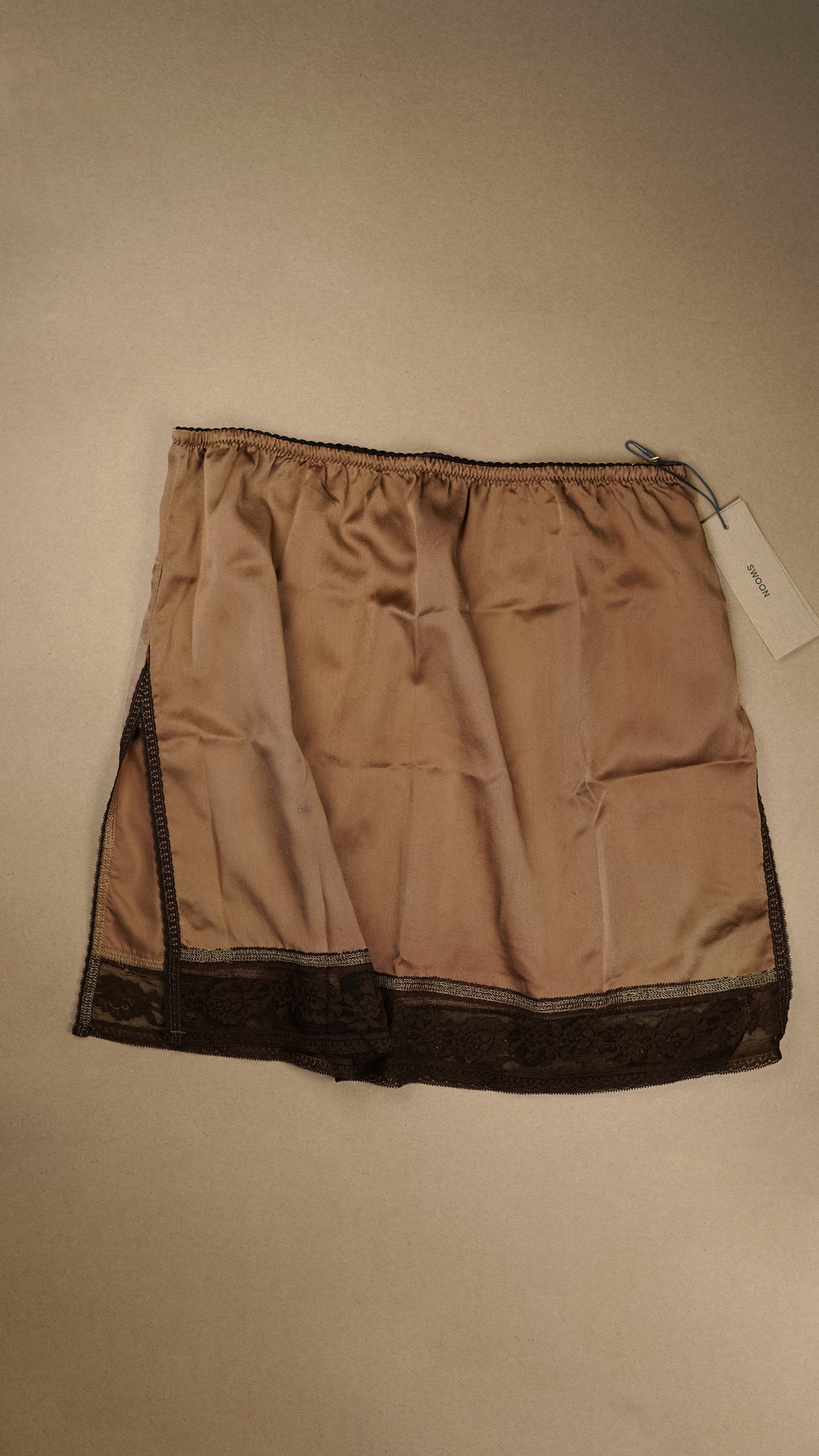 VINTAGE: Australian Made Lace Mini Slip Slit Skirt Toffee Size S/M